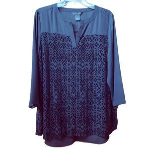 NWT Investments Women's Black Blouse Semi Sheer w/Velvet Front Size Large